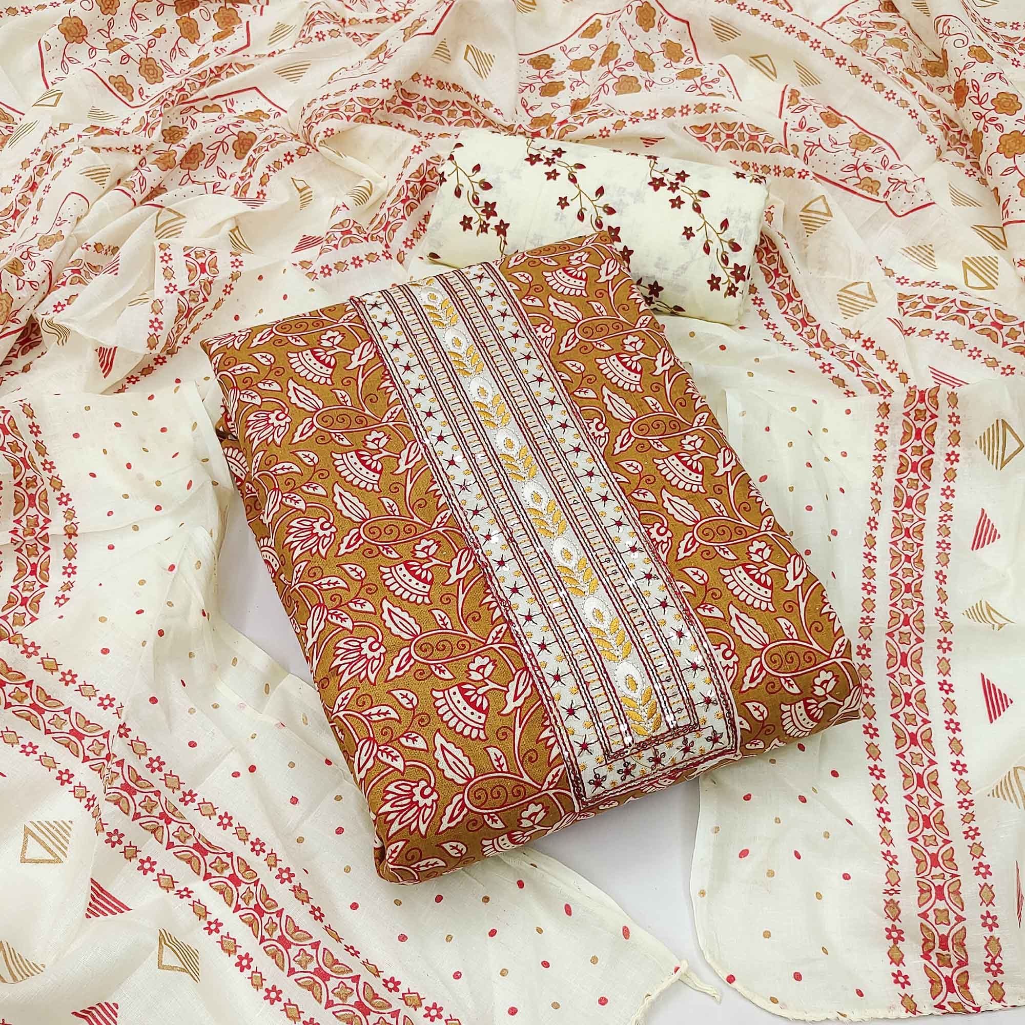Brown Floral Printed Cotton Blend Dress Material