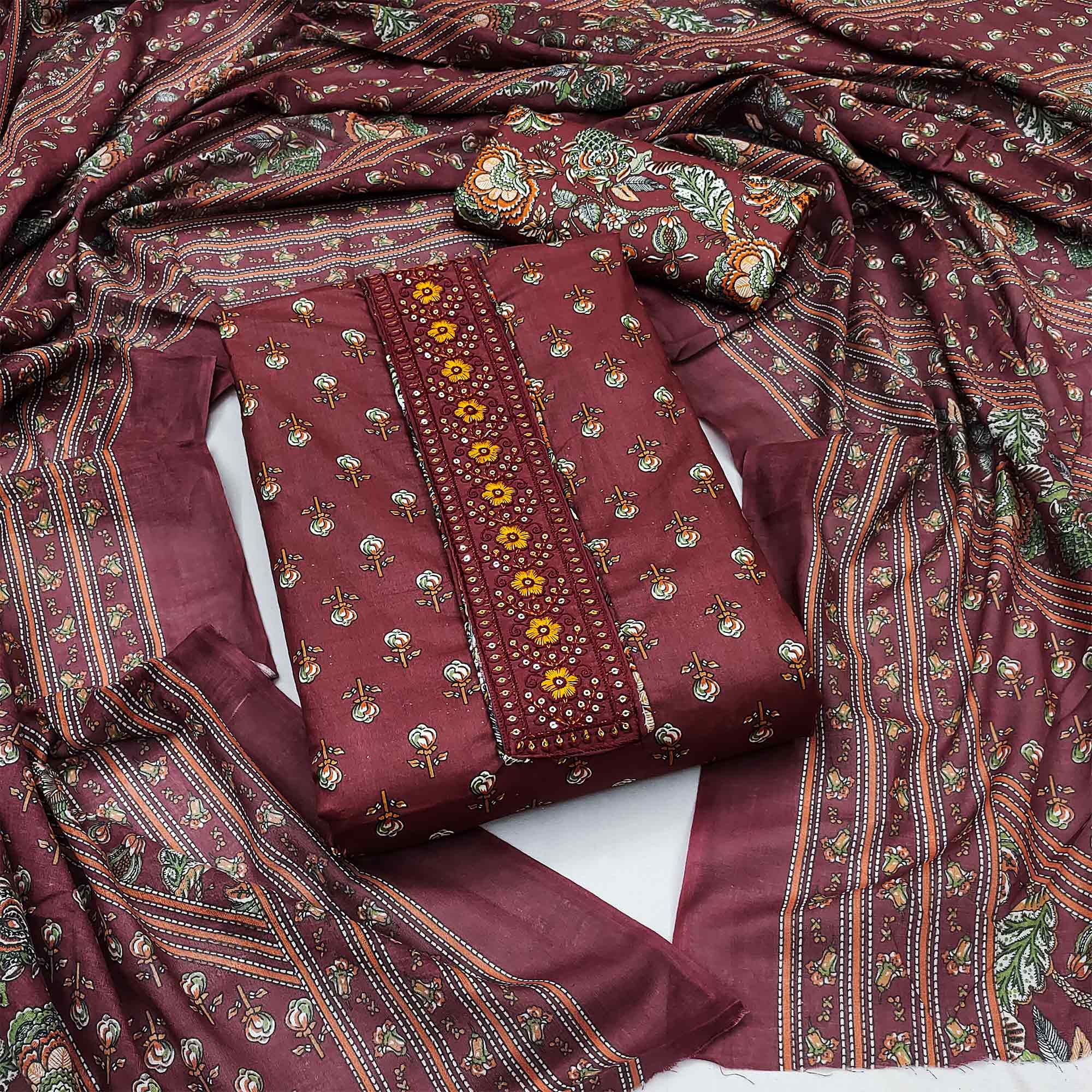 Maroon Floral Printed Pure Cotton Dress Material