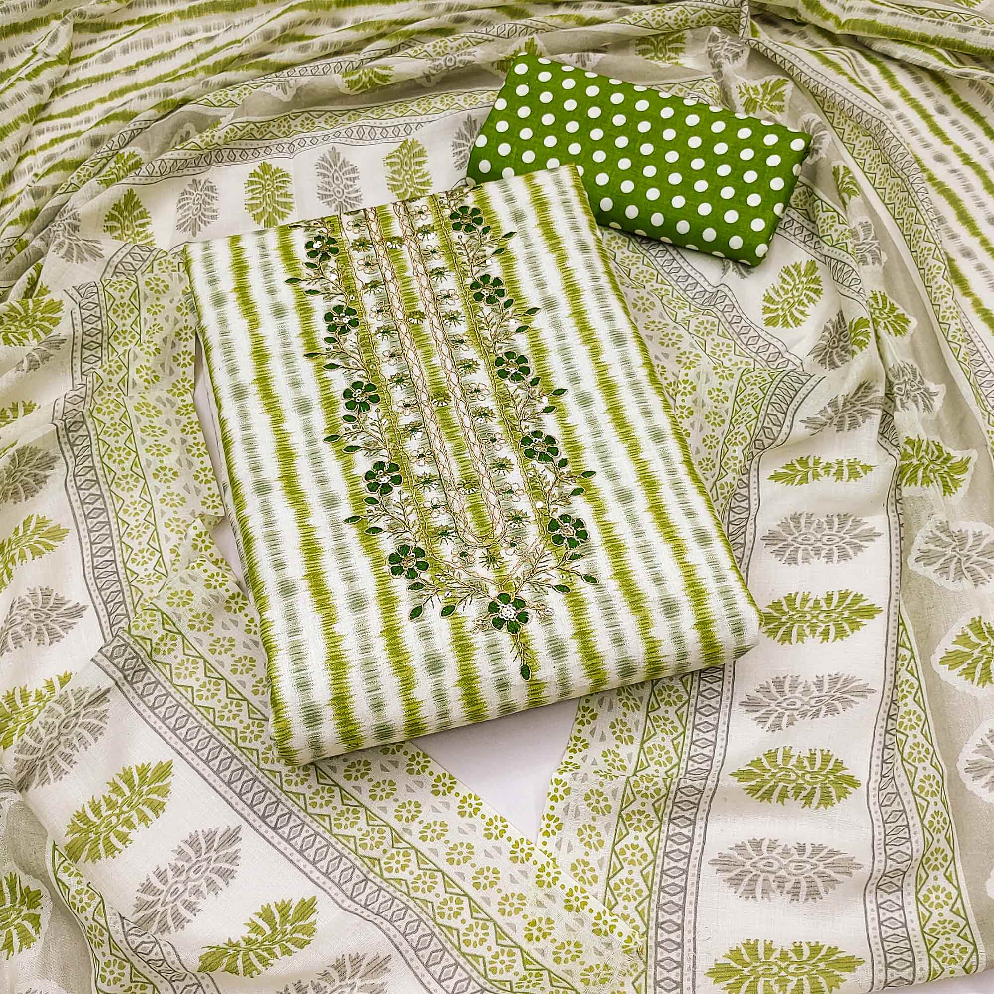 White & Green Striped Printed Pure Cotton Dress Material