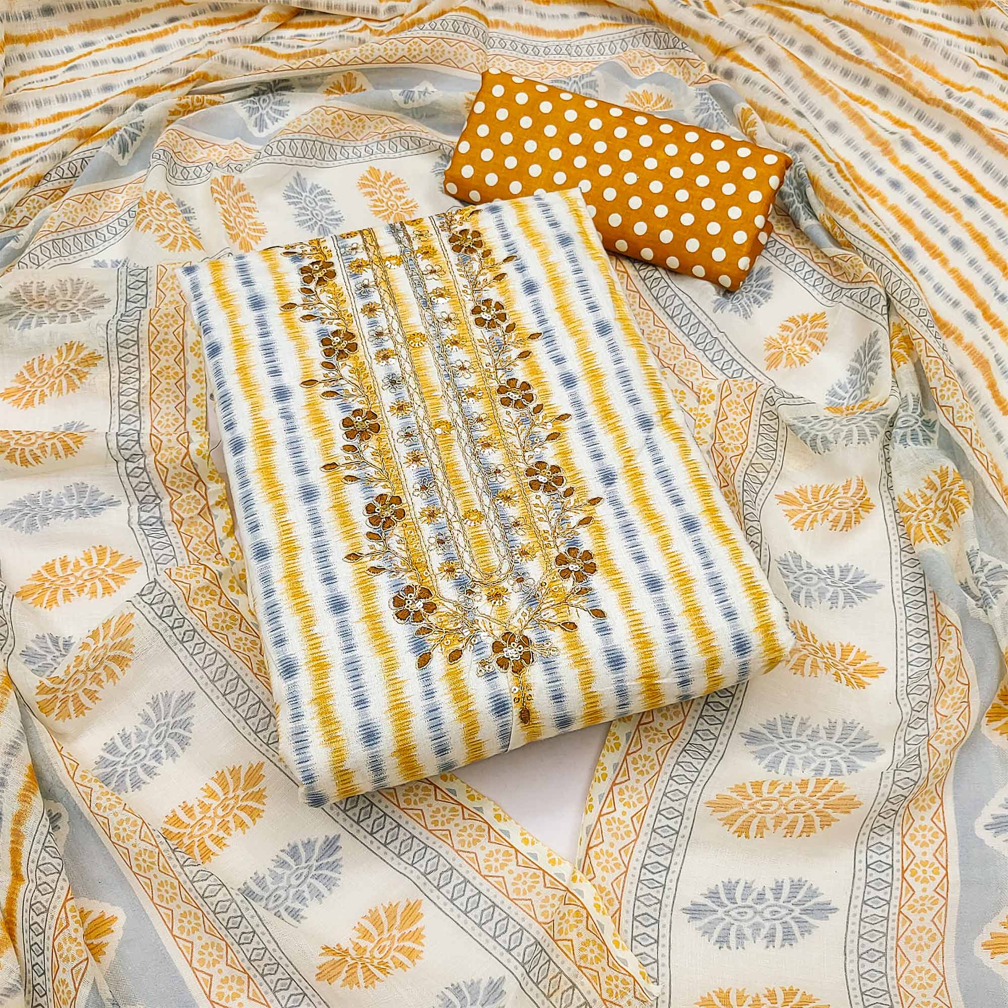 White & Mustard Striped Printed Pure Cotton Dress Material
