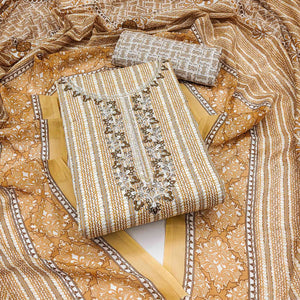 Beige Striped Printed Pure Cotton Dress Material