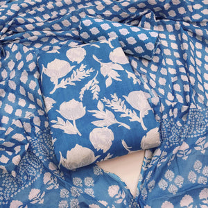Blue Floral Printed Pure Cotton Dress Material