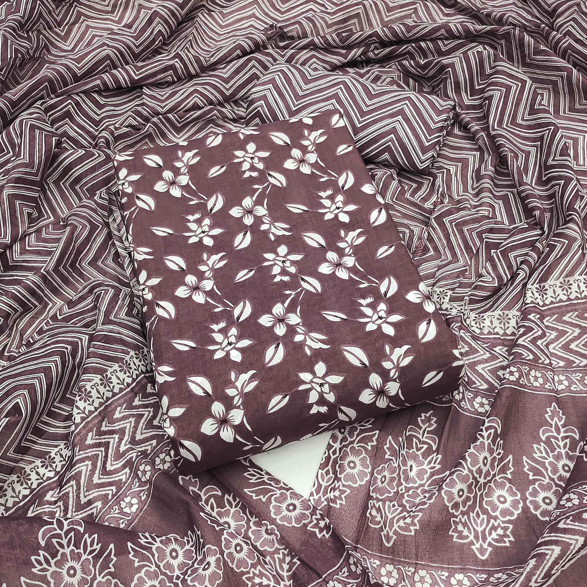Dark Mauve Floral Printed Pure Cotton Dress Material