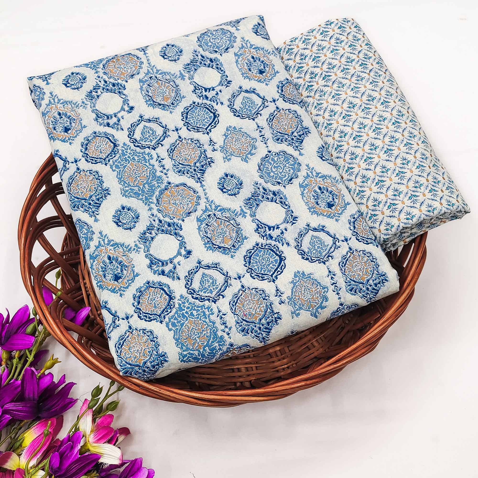 Blue Floral Woven Pure Cotton Dress Material