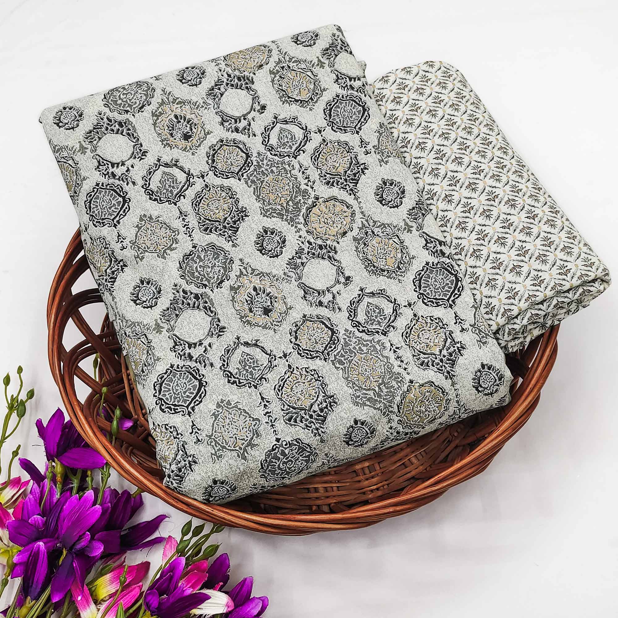 Grey Floral Woven Pure Cotton Dress Material