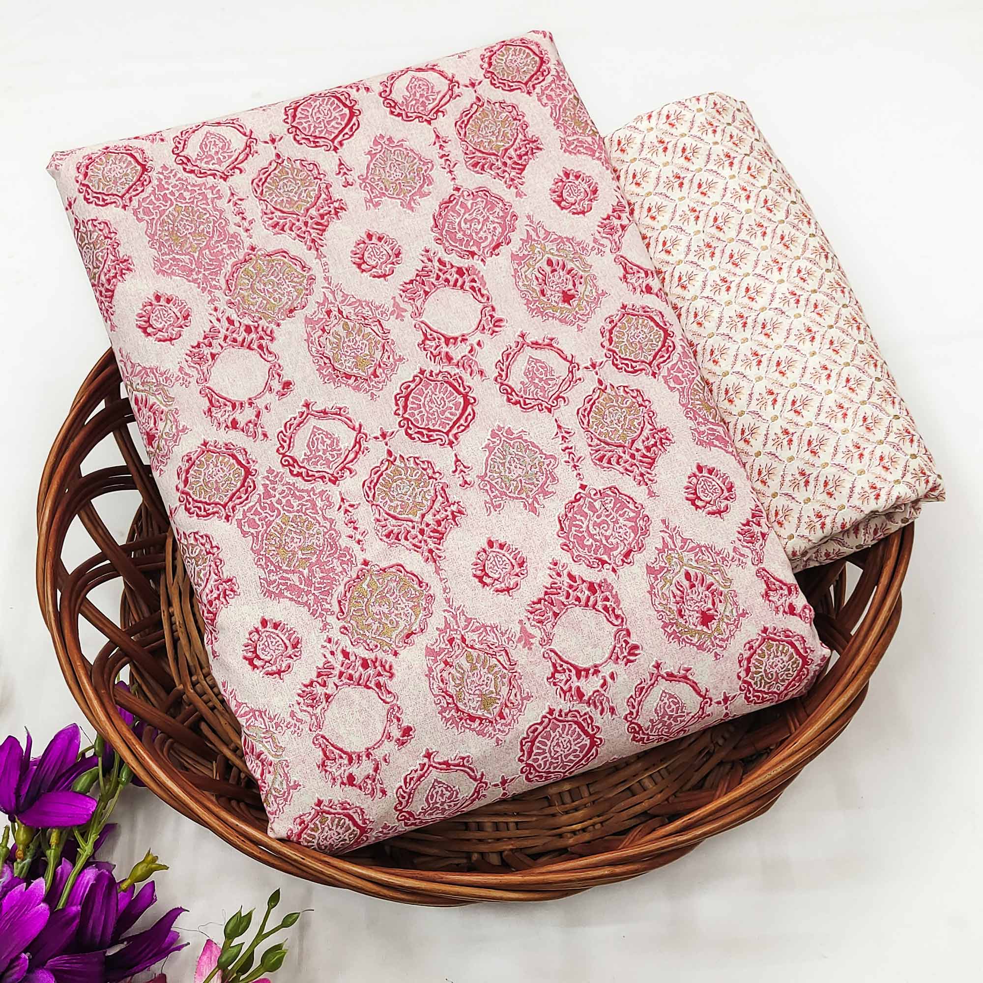 Pink Floral Woven Pure Cotton Dress Material