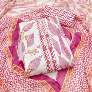 Stylish Pink Floral Pure Cotton Dress Material Accented With Neckline Sequins Embroidery