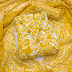 Stylish Yellow Floral Pure Cotton Dress Material Accented With Neckline Sequins Embroidery