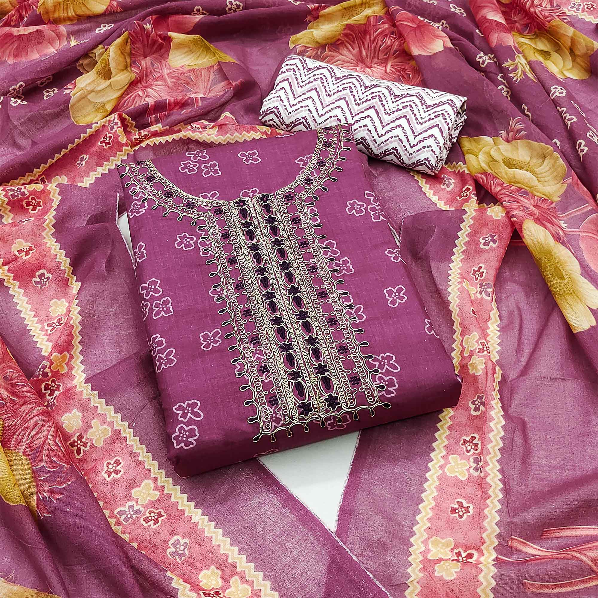Purple and Red Dharwad Cotton Dress Material