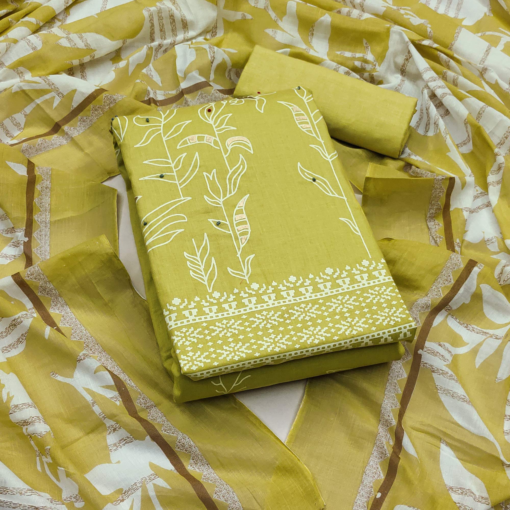 Green Floral Foil Printed Pure Cotton Dress Material