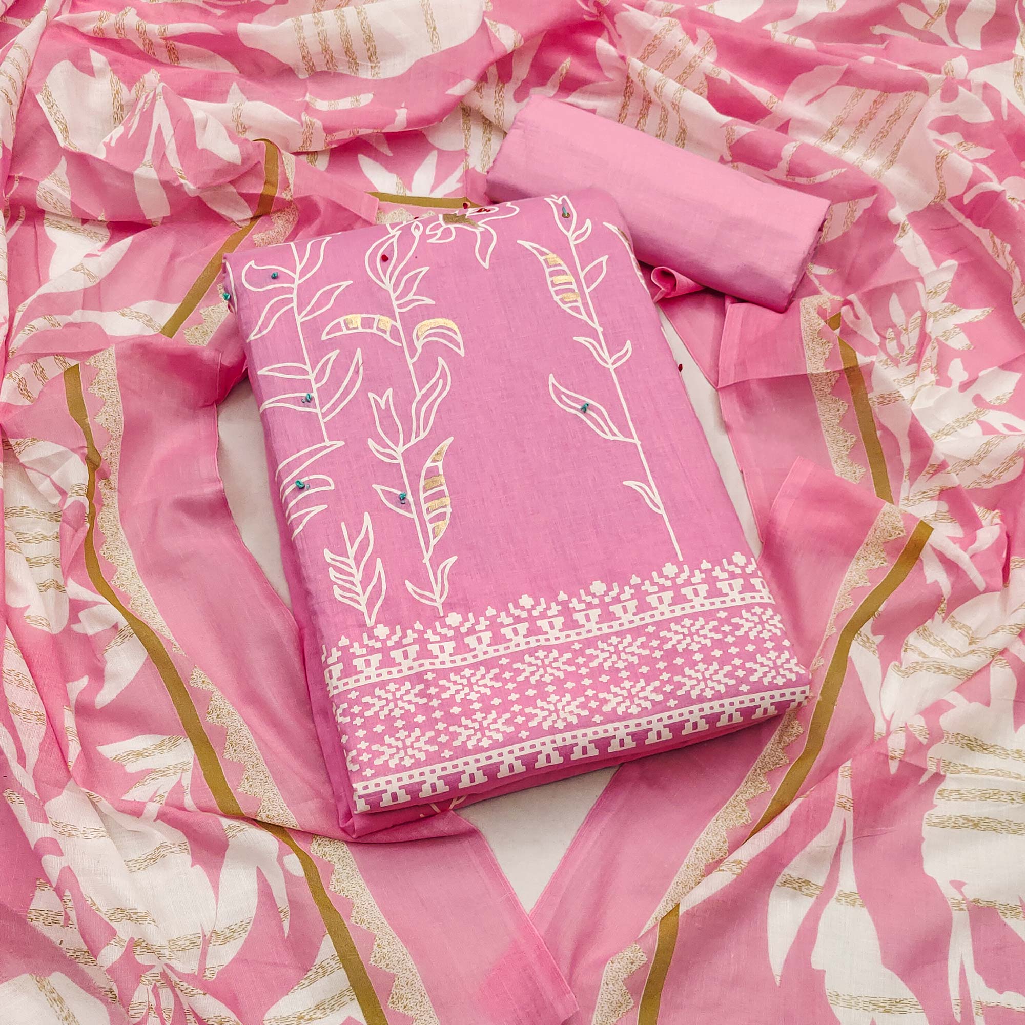 Pink Floral Foil Printed Pure Cotton Dress Material