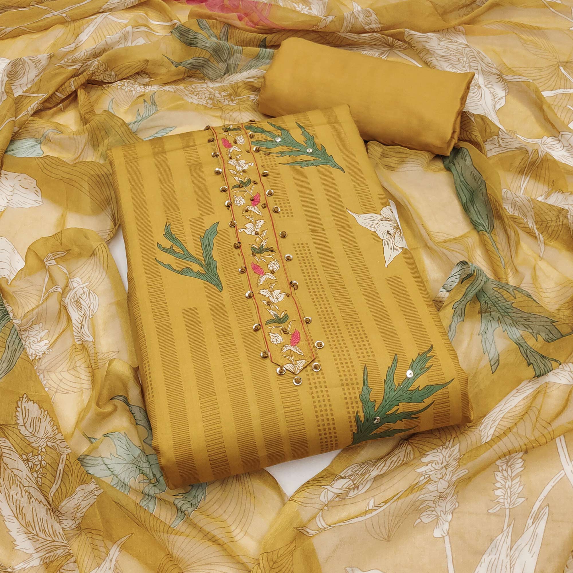 Mustard Floral Printed Pure Cotton Dress Material