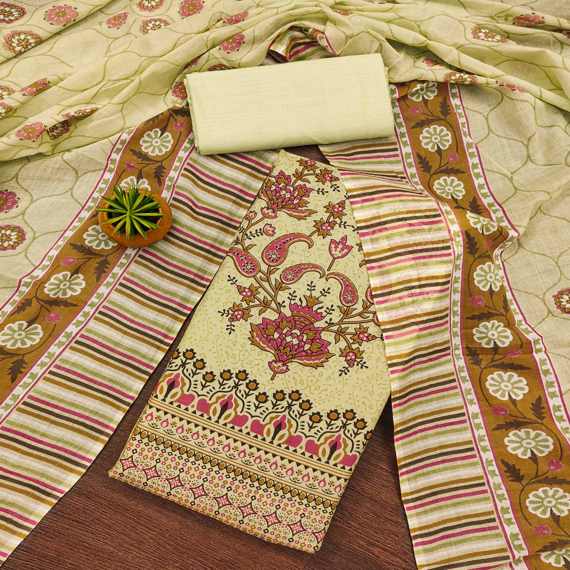 Light Yellow Floral Printed With Stonework Pure Cotton Dress Material