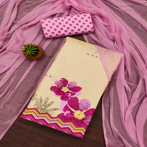 Beige & Pink Floral Printed Pure Cotton Dress Material