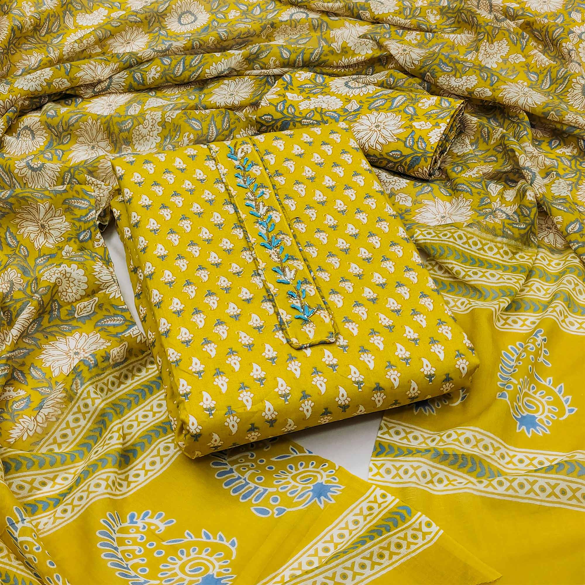 Lemon Yellow Floral Printed Pure Cotton Dress Material