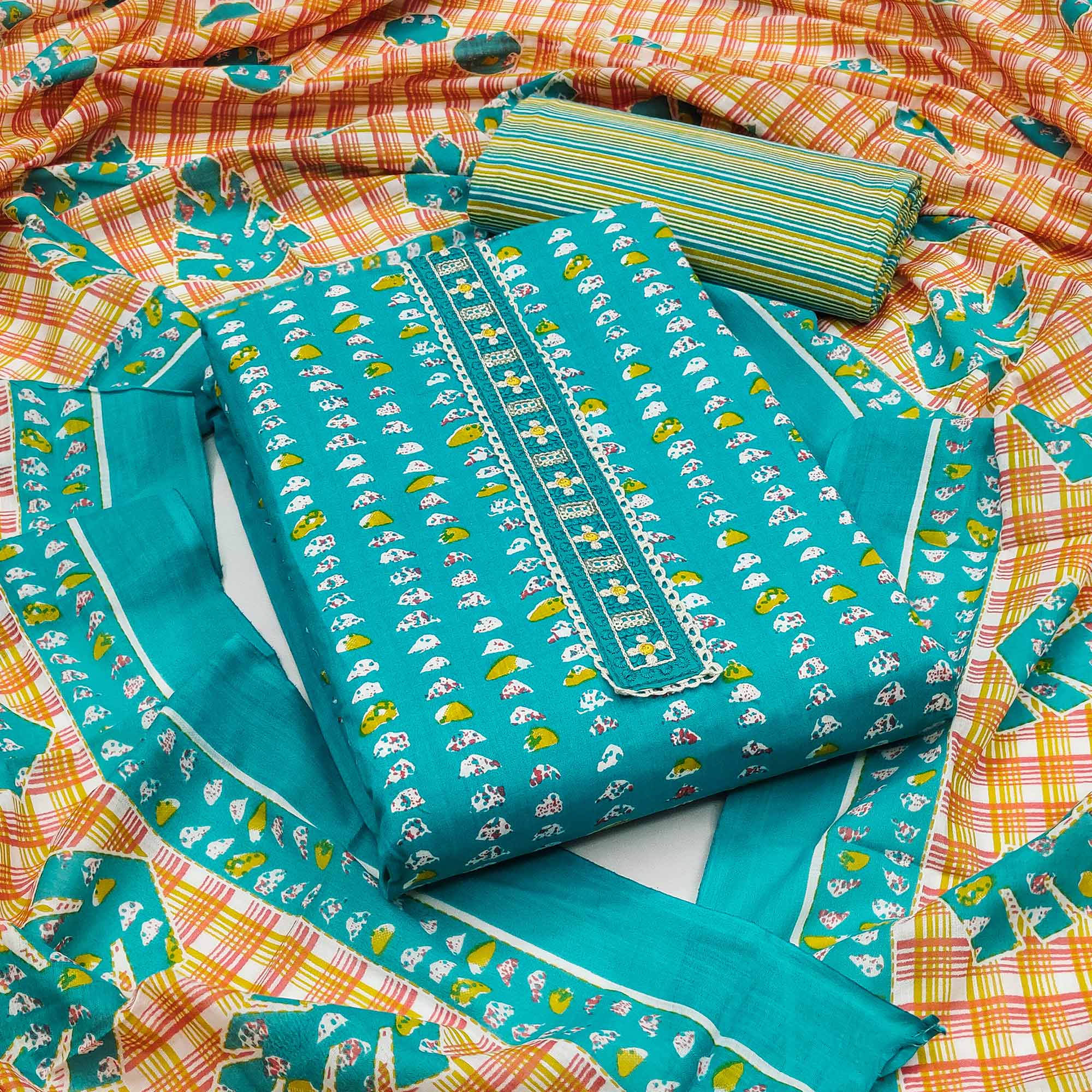Turquoise Printed Pure Cotton Dress Material
