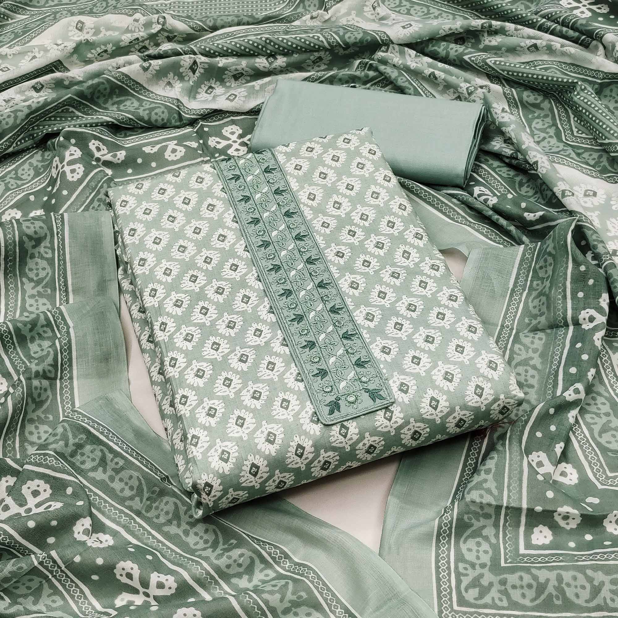 Light Sea Green Printed Pure Cotton Dress Material