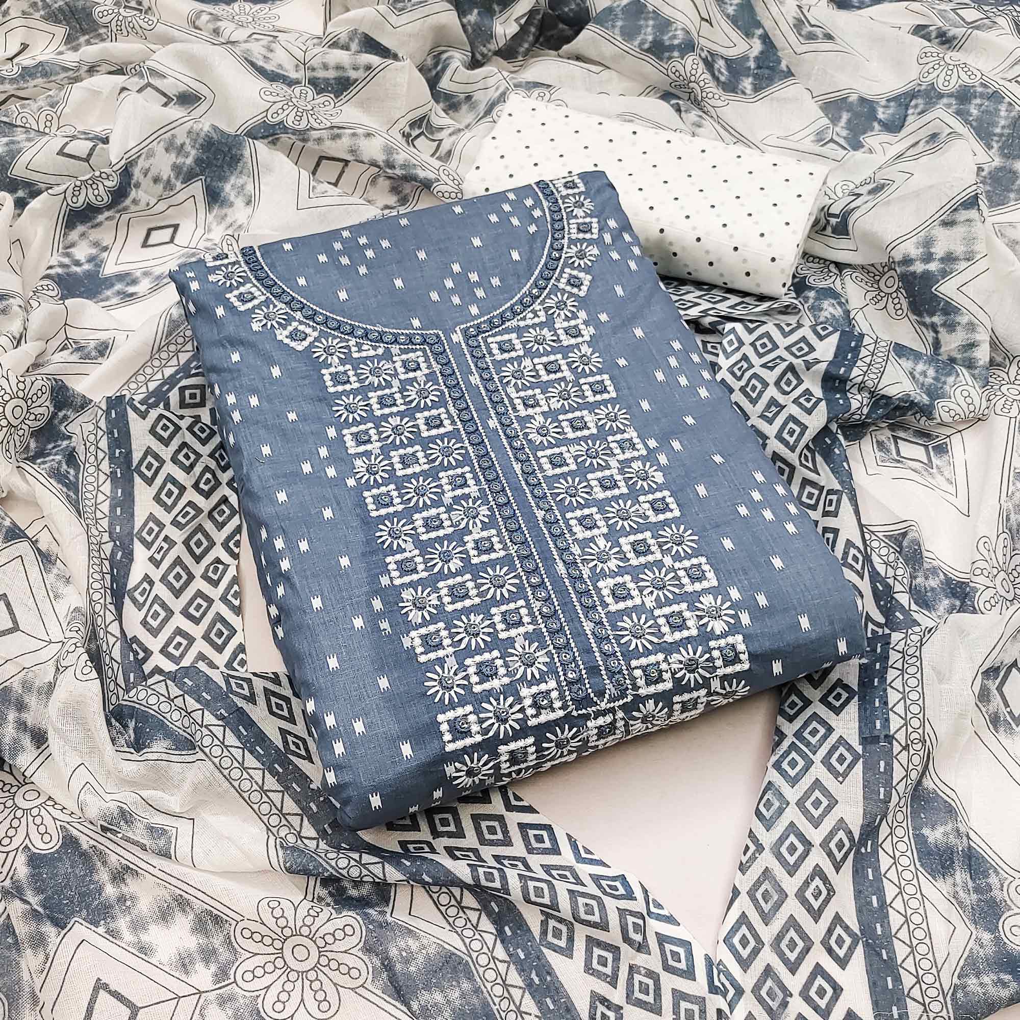 Grey Printed With Embroidered Pure Cotton Dress Material