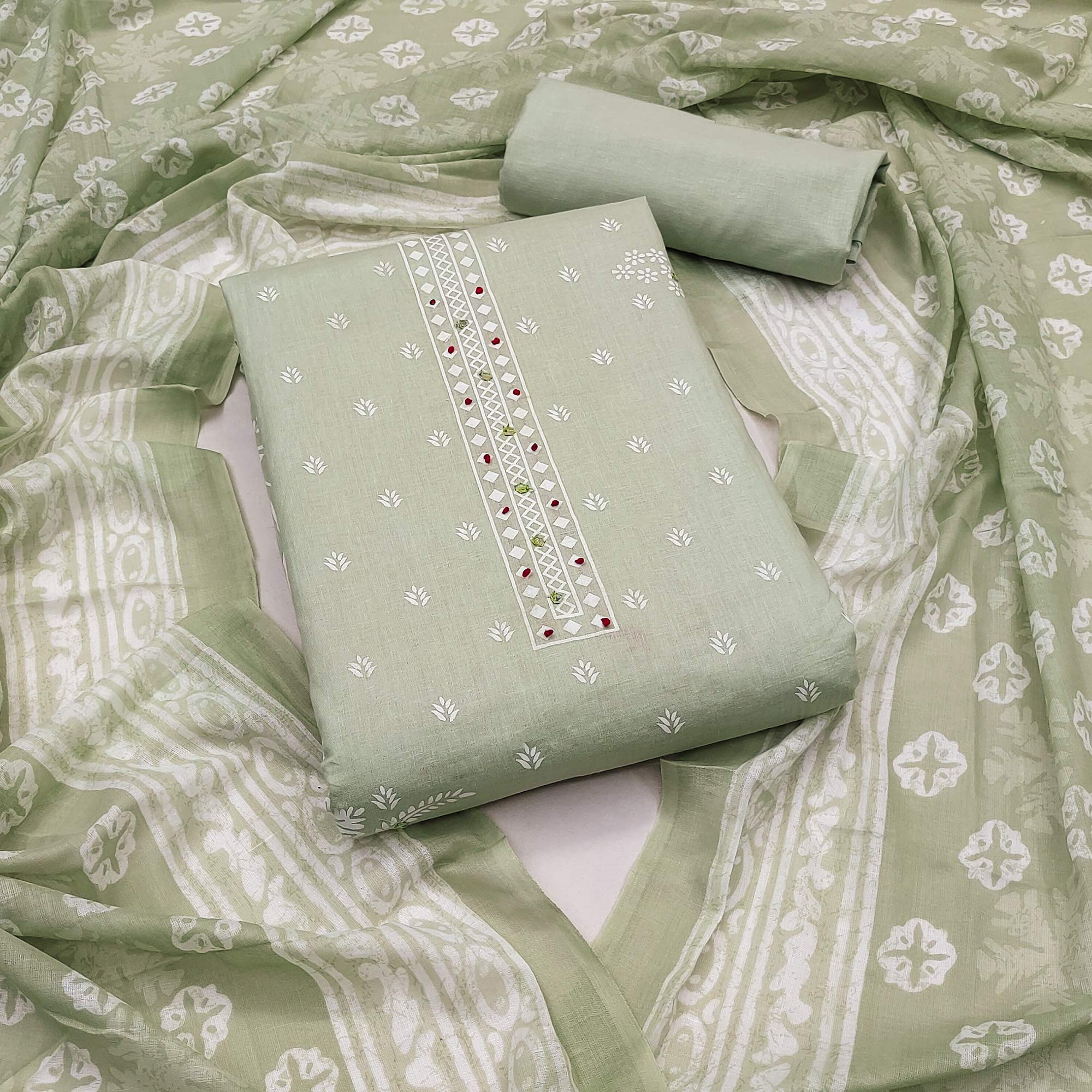 Light Green Floral Cotton Kotadoria Embroidery Dress Materials main image 1