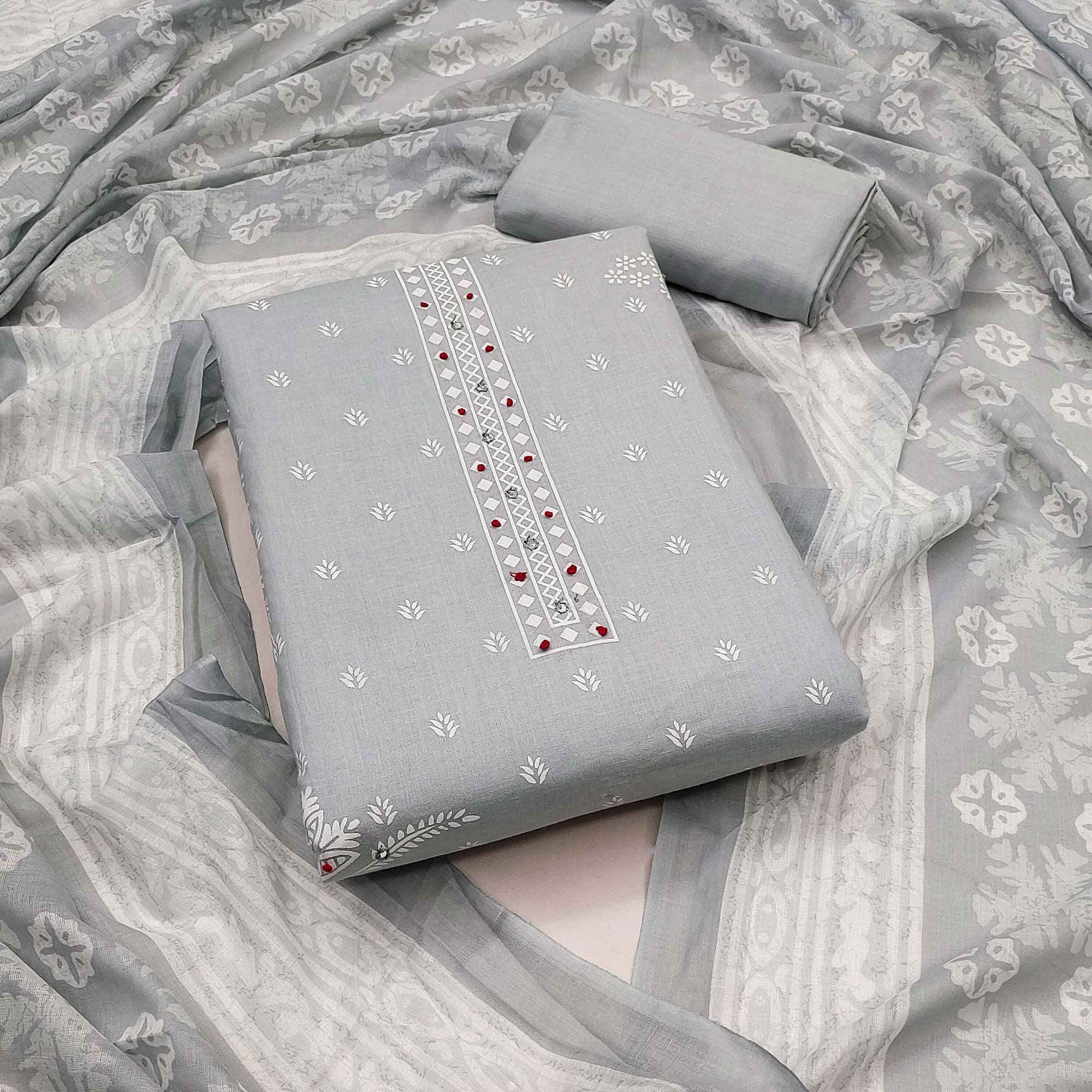 Grey Floral Printed Pure Cotton Dress Material