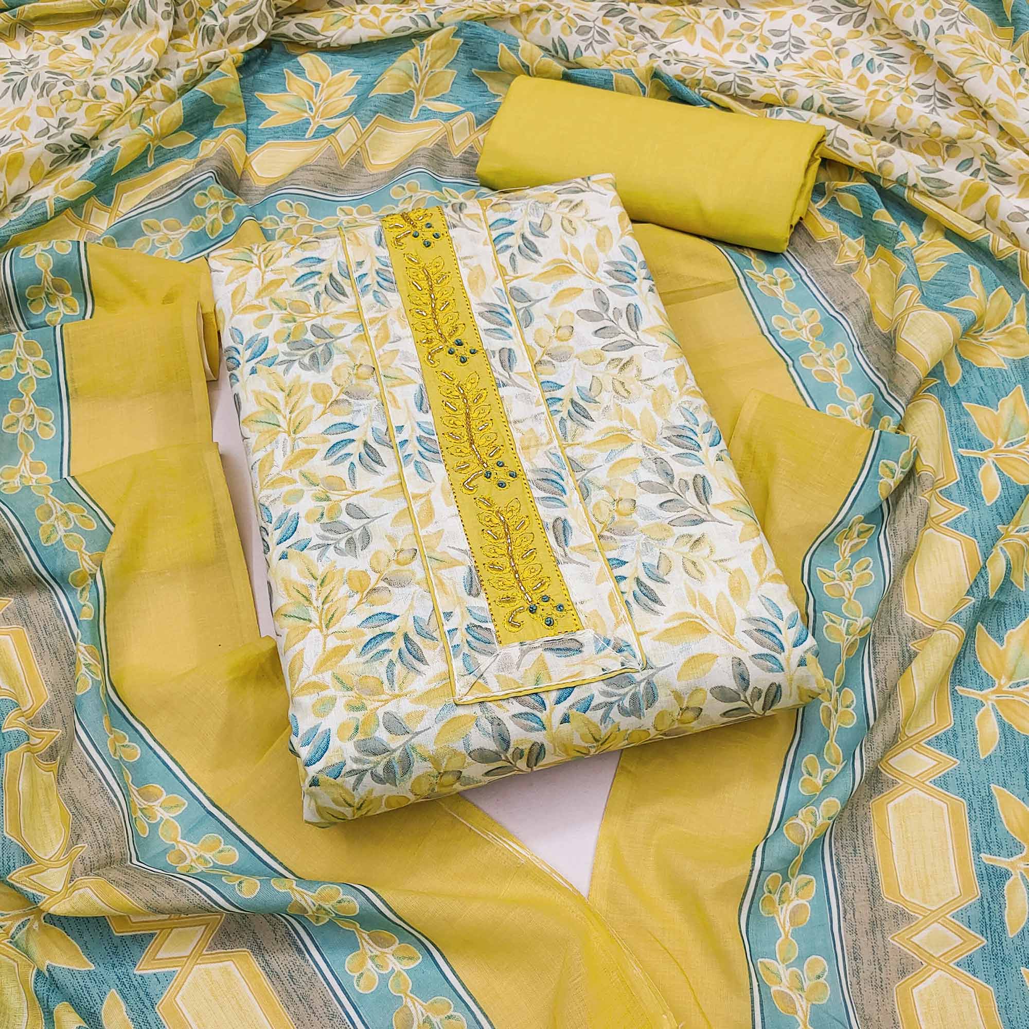 Yellow Floral Printed Pure Cotton Dress Material