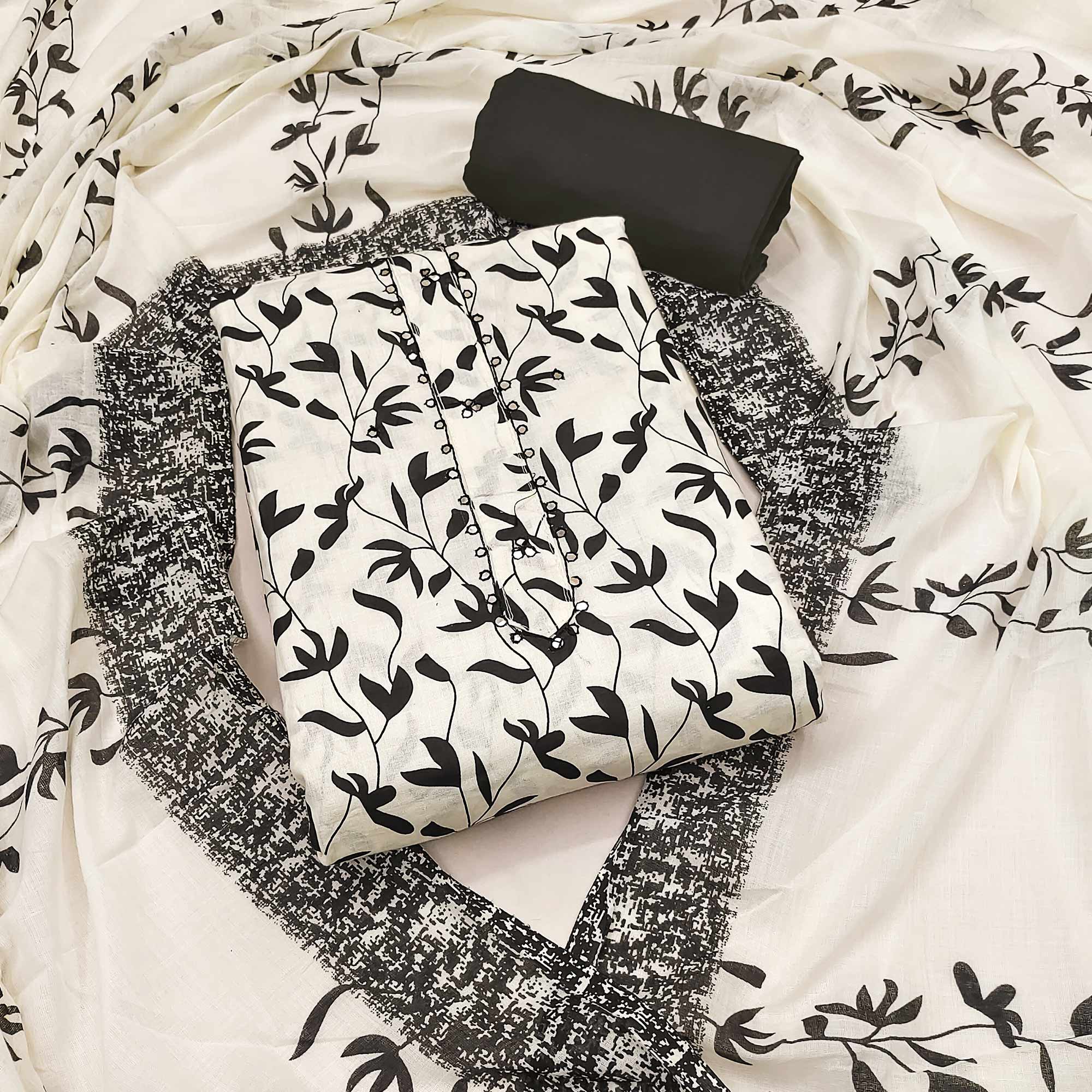 Cream & Black Floral Printed Pure Cotton Dress Material