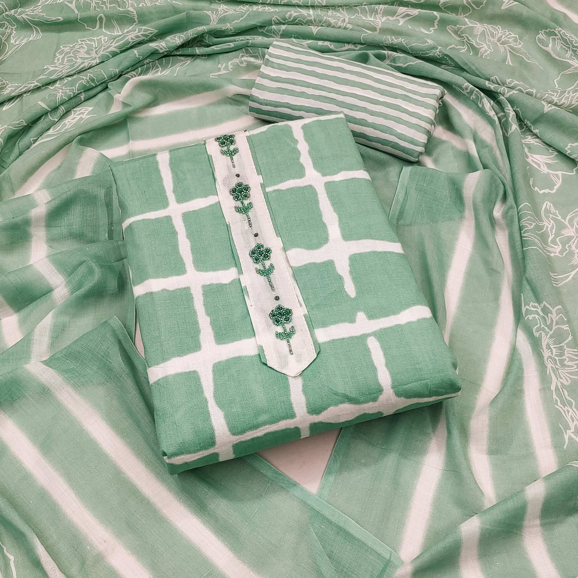 Green Checks Printed Pure Cotton Dress Material