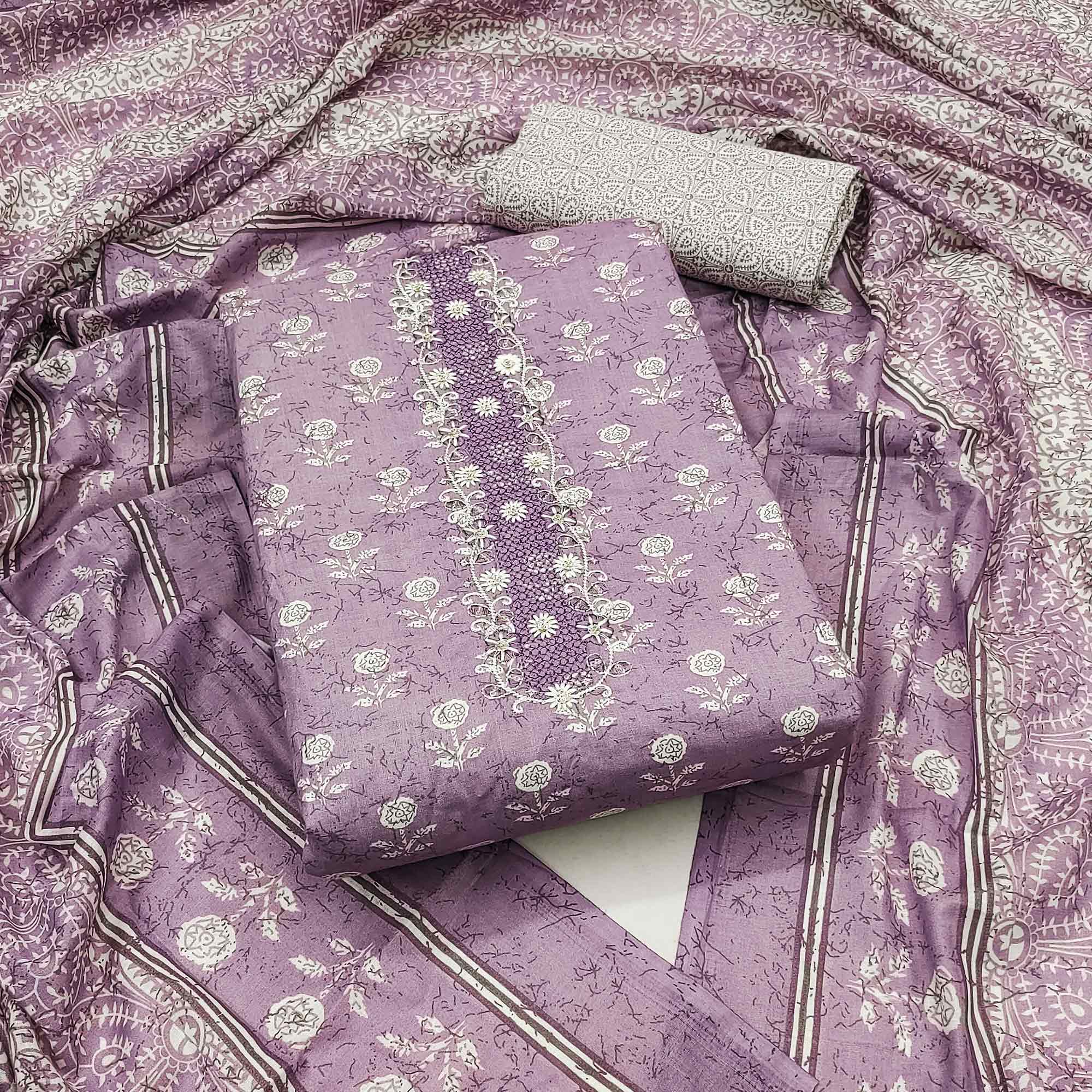 Purple Floral Printed Pure Cotton Dress Material