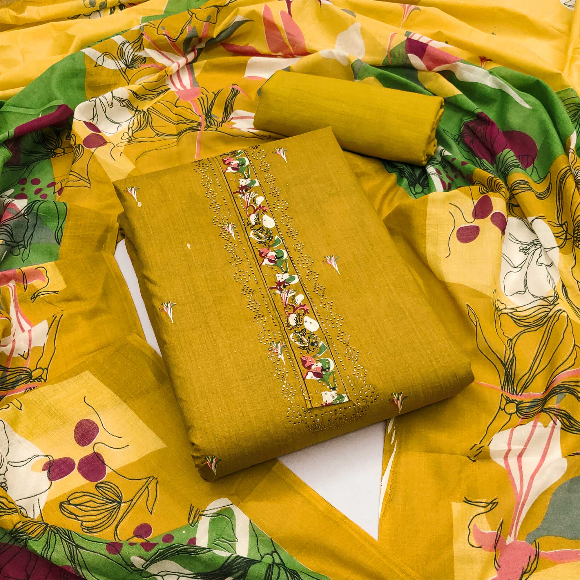 Mustard Floral Printed Pure Cotton Dress Material