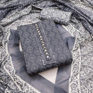 Grey Floral Printed Pure Cotton Dress Material