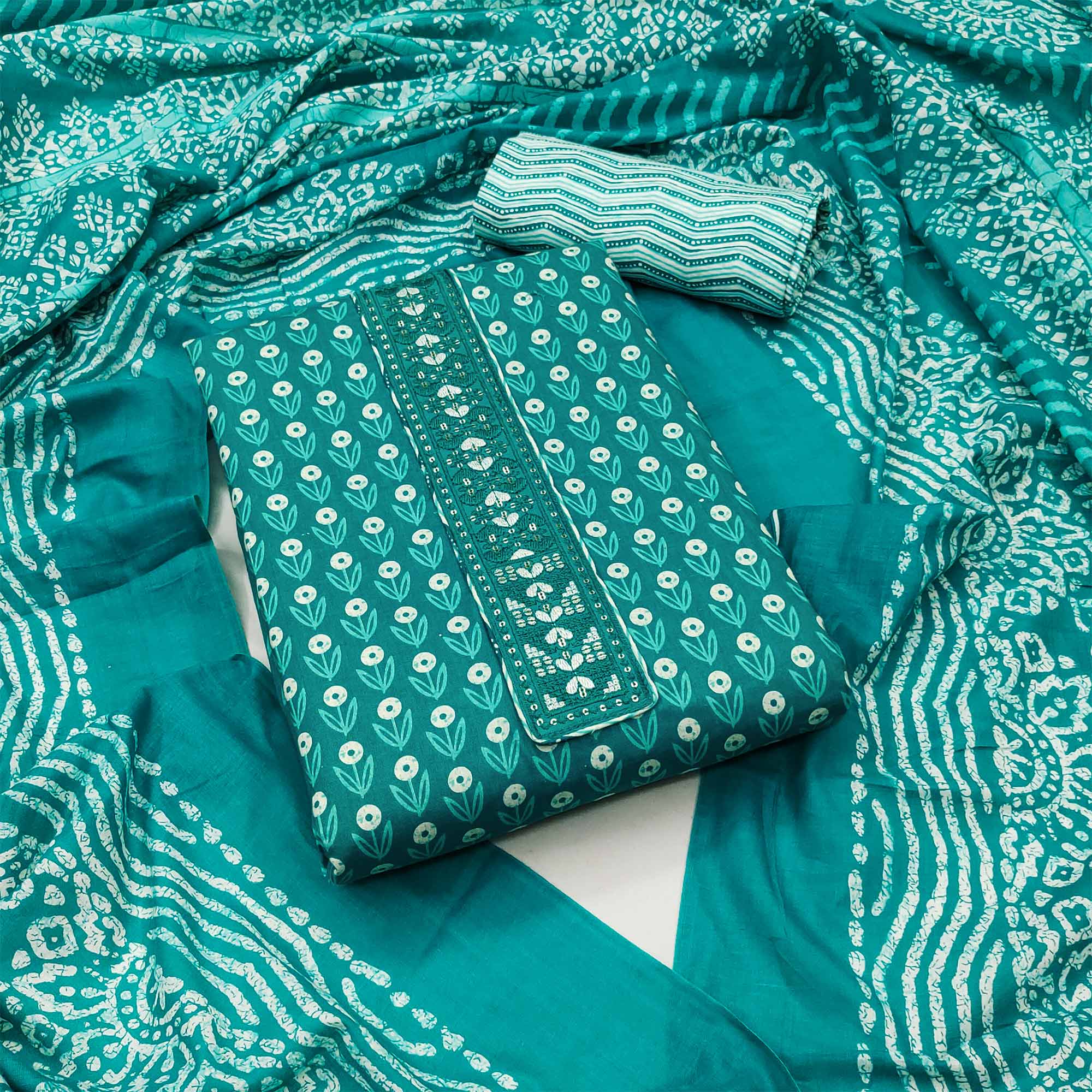 Turquoise Floral Printed Pure Cotton Dress Material
