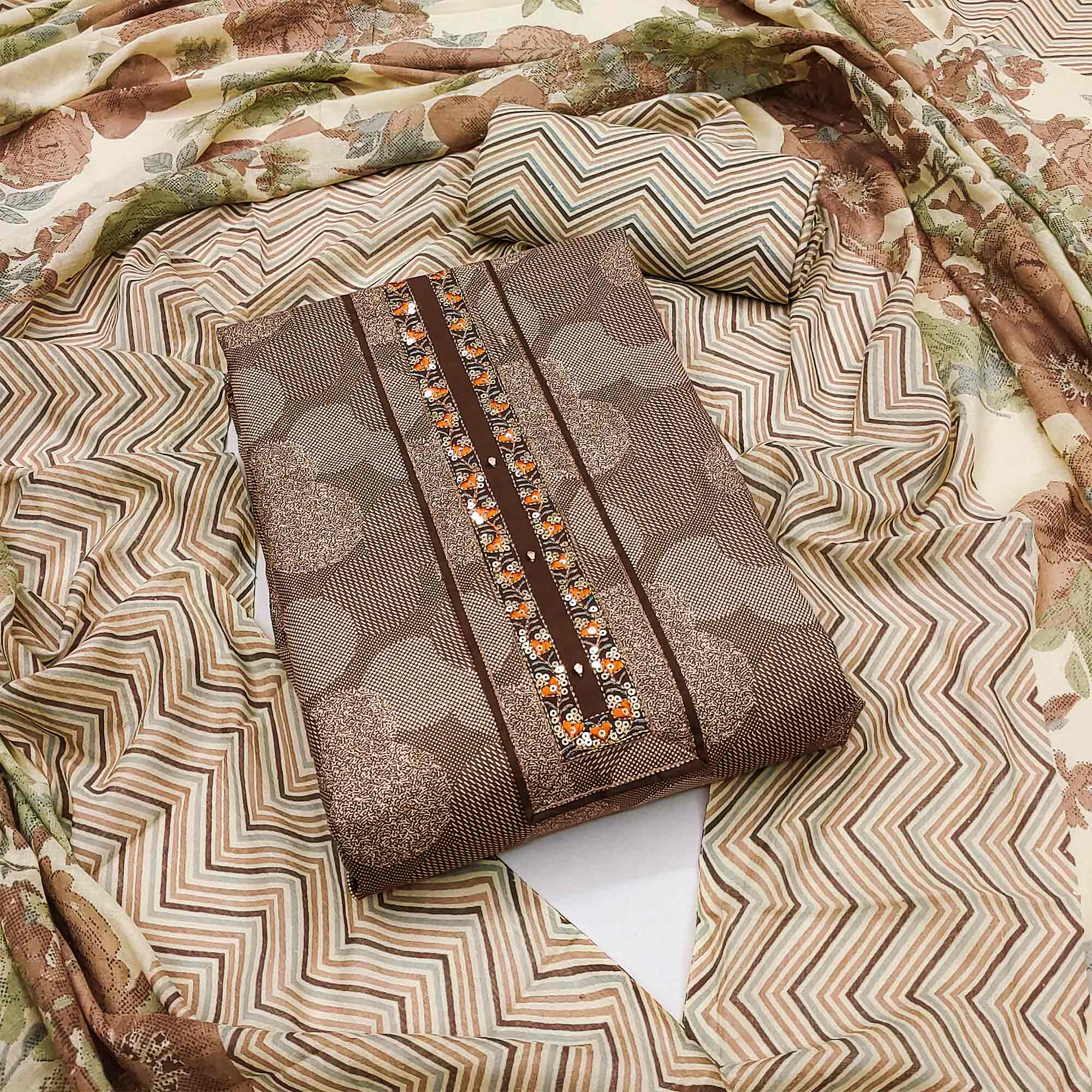 Brown Printed Pure Cotton Dress Material