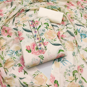 Cream Floral Printed Pure Cotton Dress Material