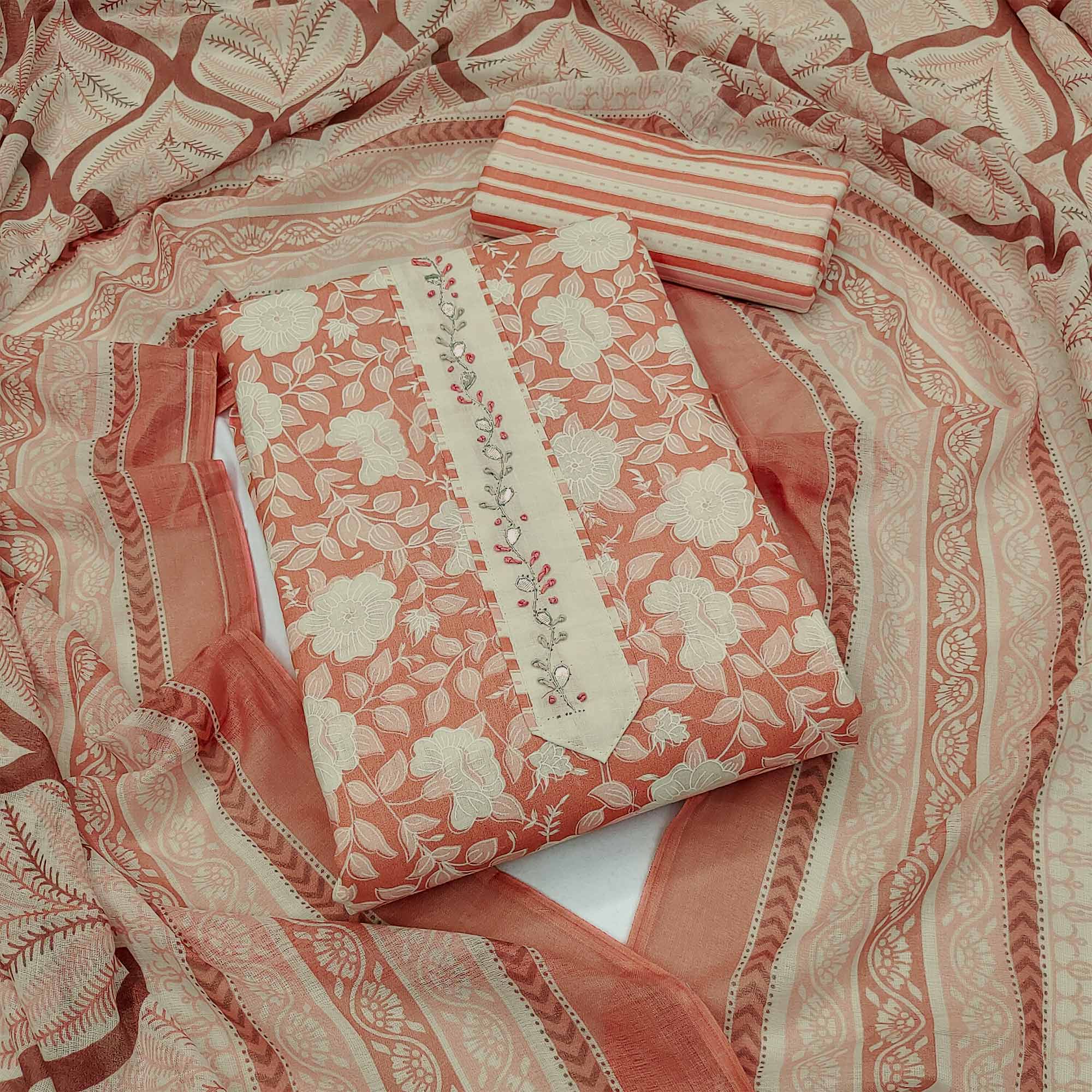 Rust Floral Printed Pure Cotton Dress Material