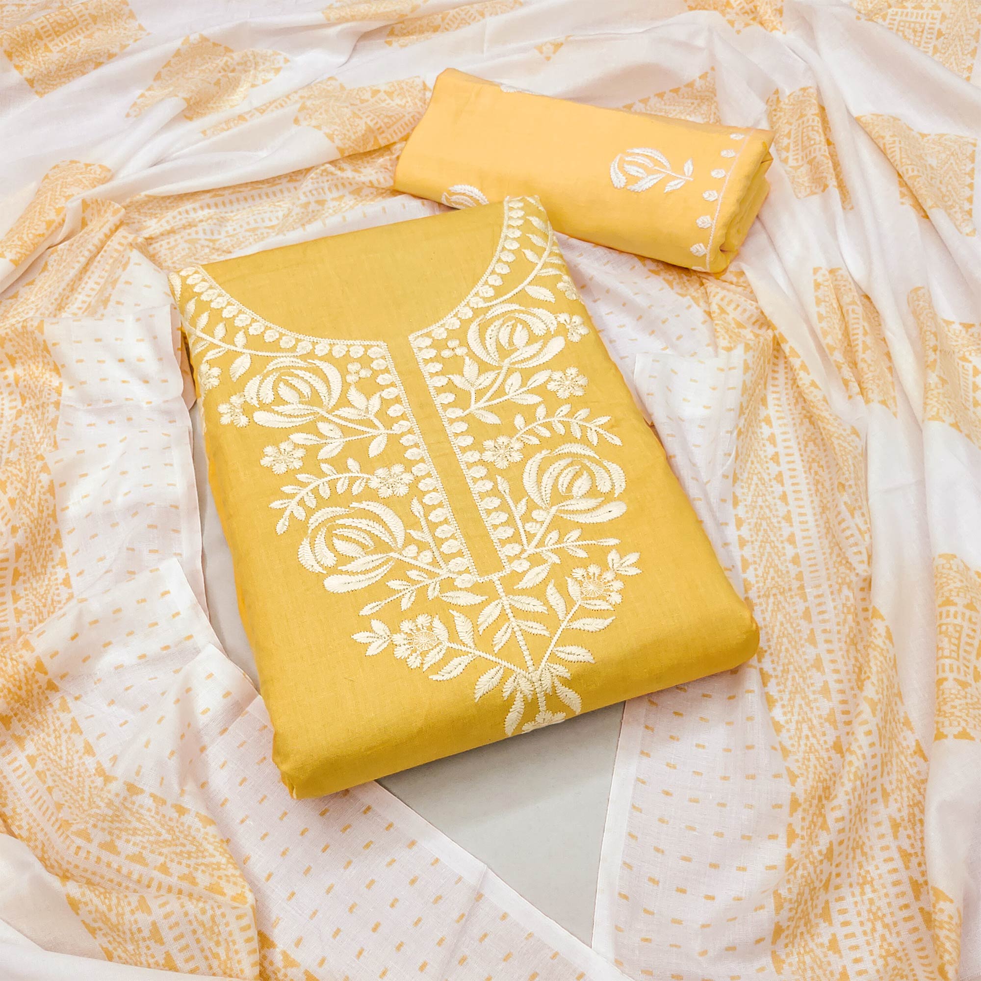 Yellow Floral Embroidered Pure Cotton Dress Material