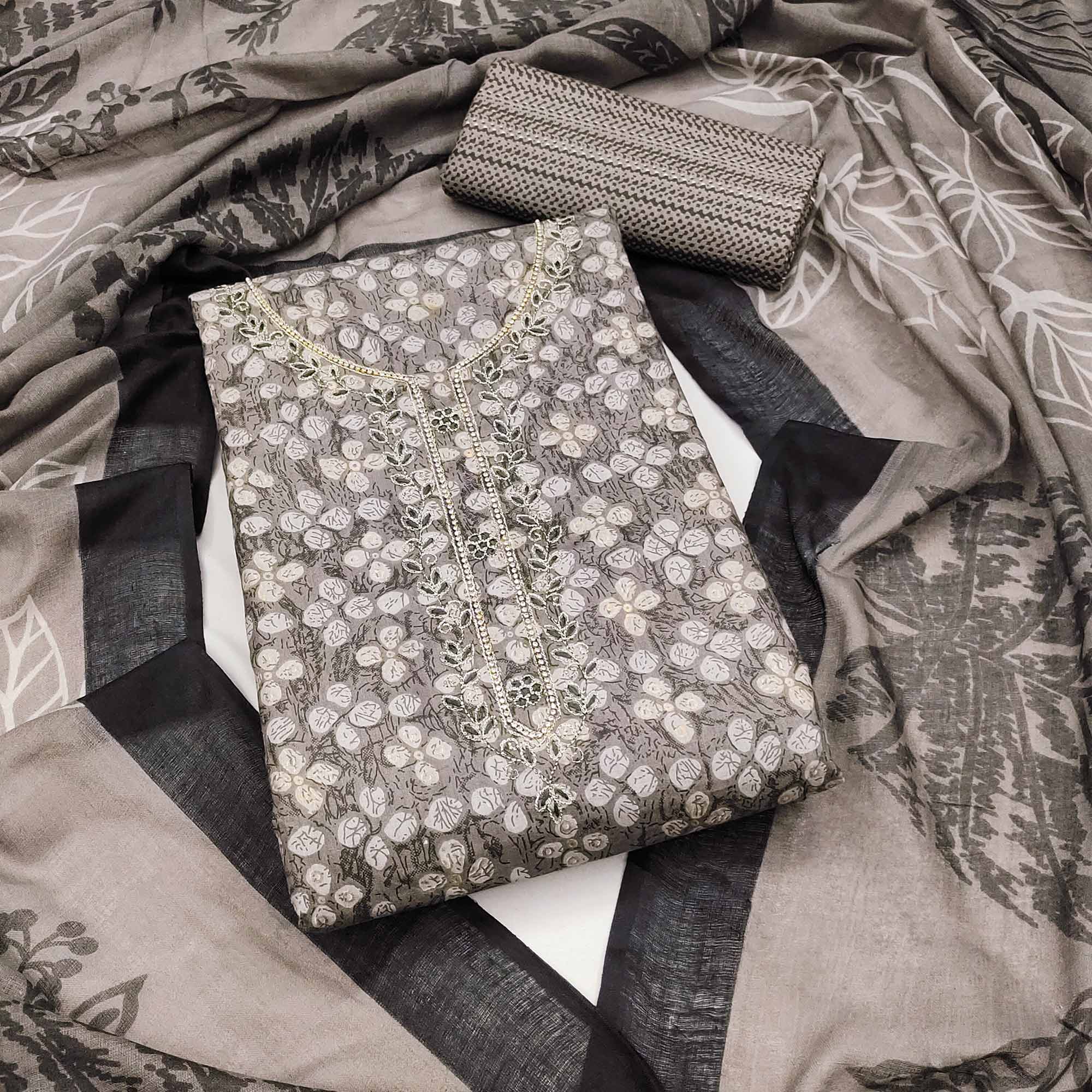 Grey Floral Printed Pure Cotton Dress Material