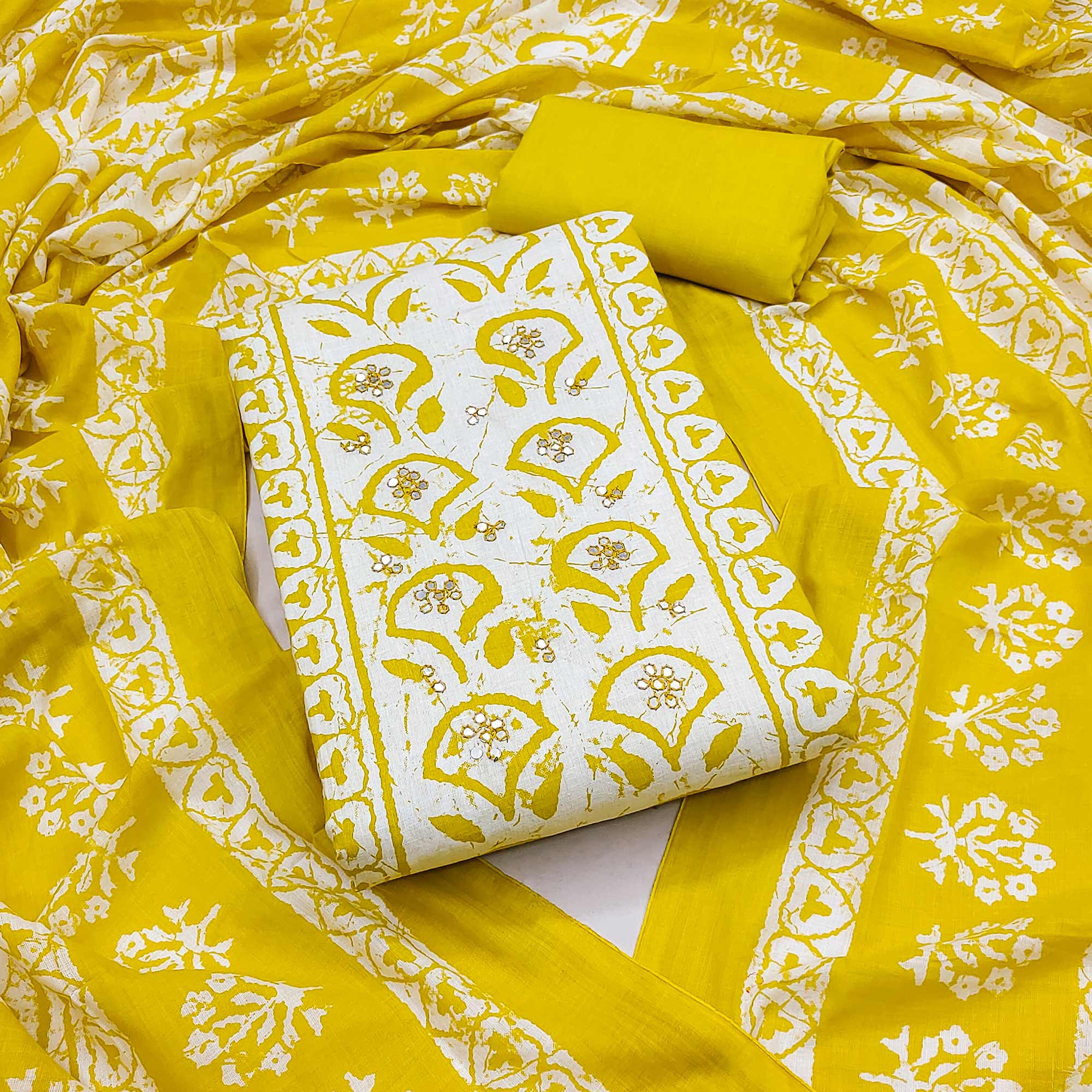 Mustard Printed Pure Cotton Dress Material