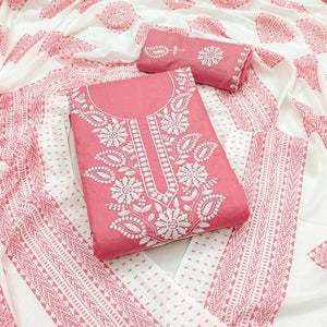 Pink Floral Embroidered Pure Cotton Dress Material