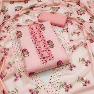 Pink Floral Printed With Embroidery Pure Cotton Dress Material