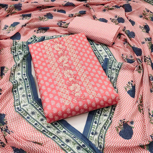 Pink Floral Printed With Embroidery Pure Cotton Dress Material