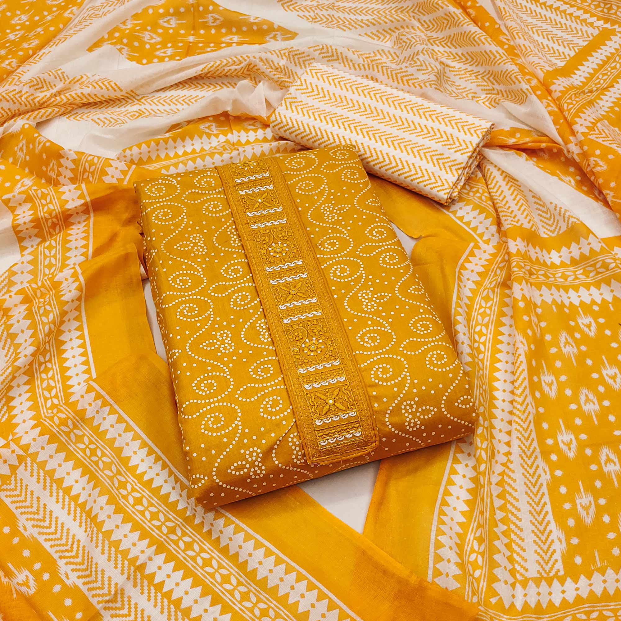 Mustard Printed With Embroidery Pure Cotton Dress Material