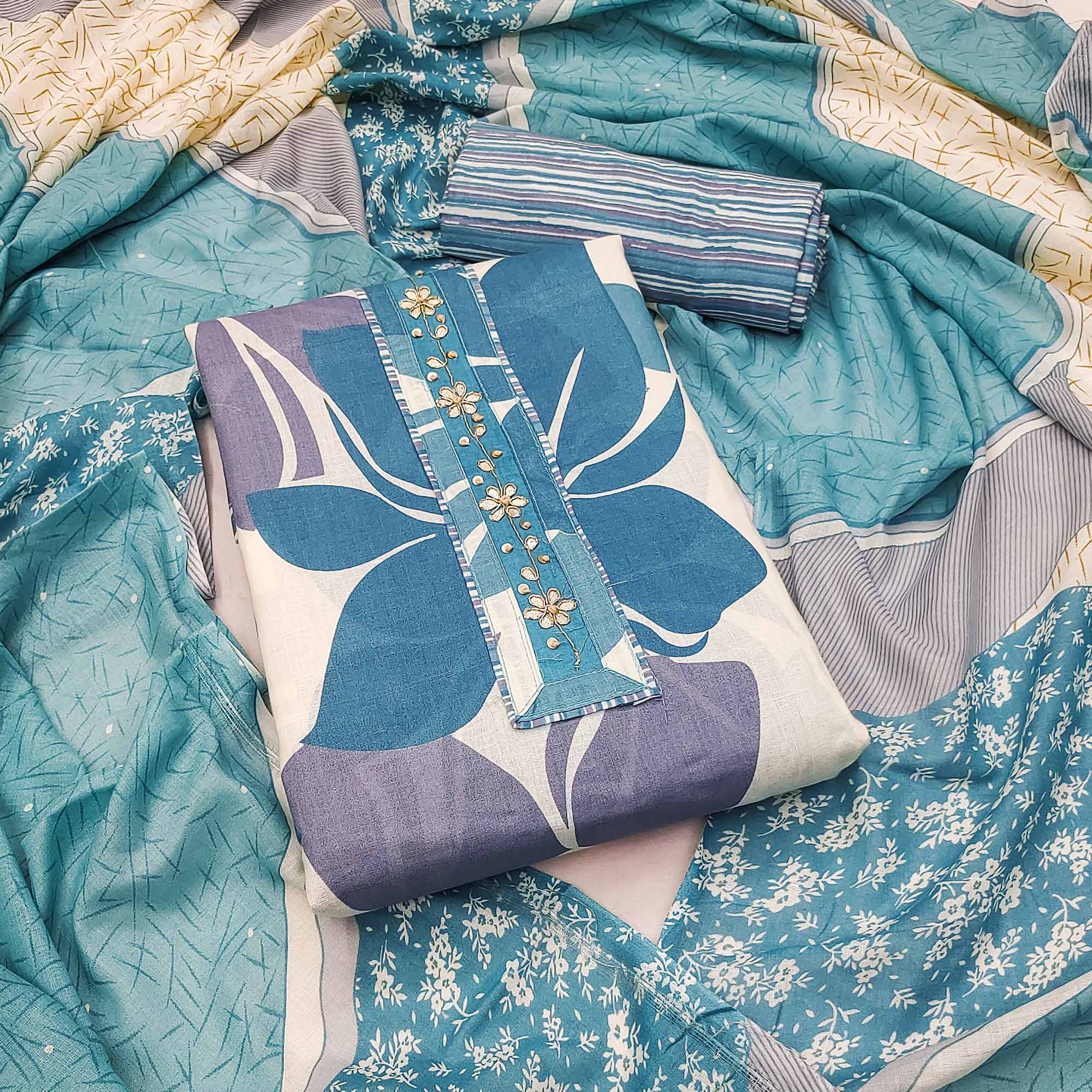 Blue Floral Printed Pure Cotton Dress Material