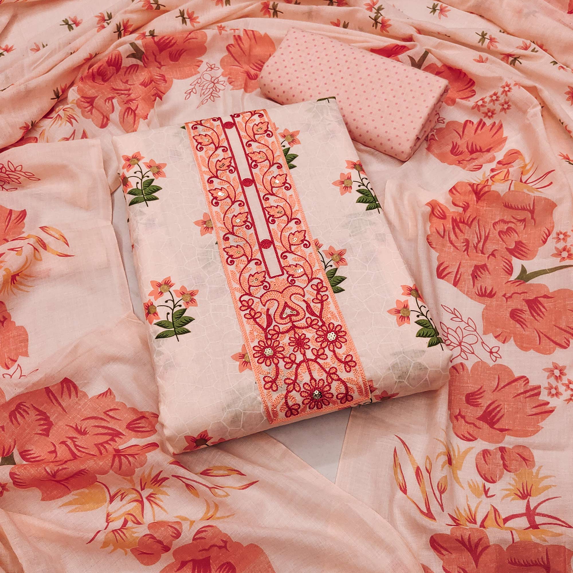 Peach Floral Printed Pure Cotton Dress Material