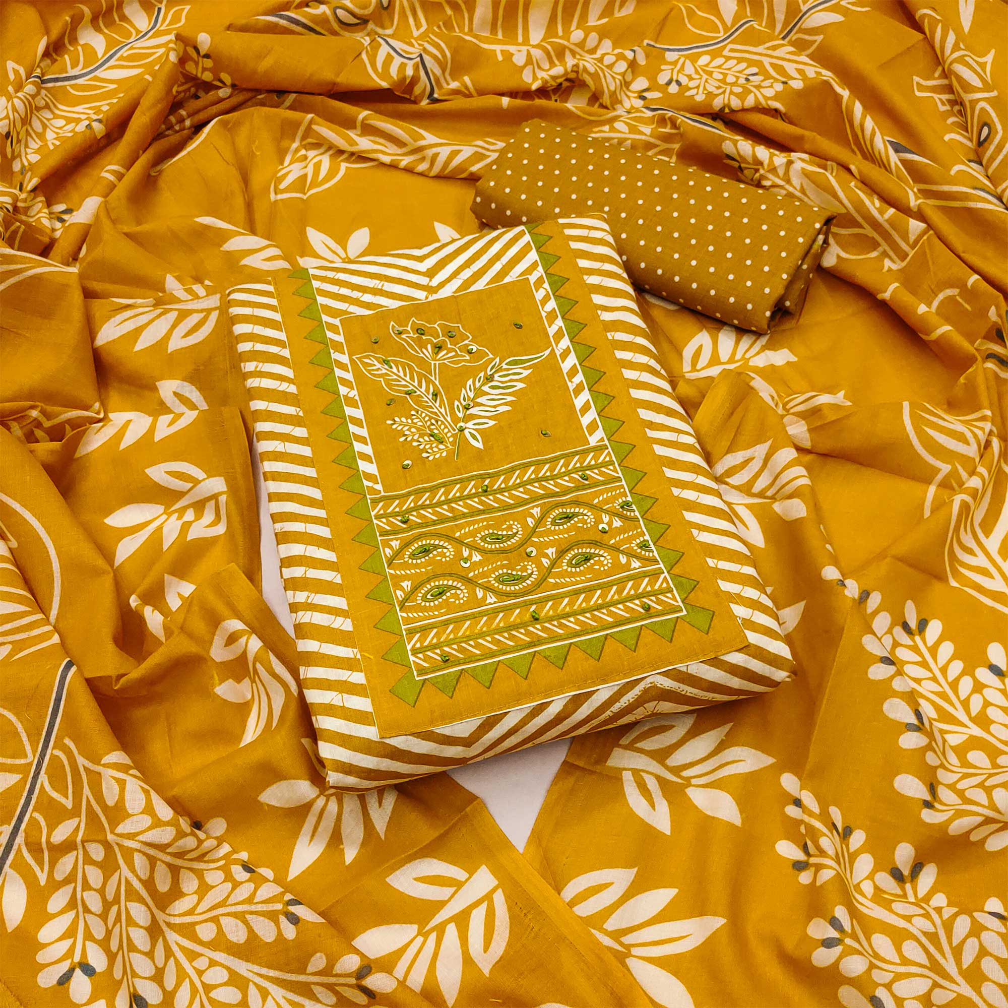 Mustard Printed Pure Cotton Dress Material