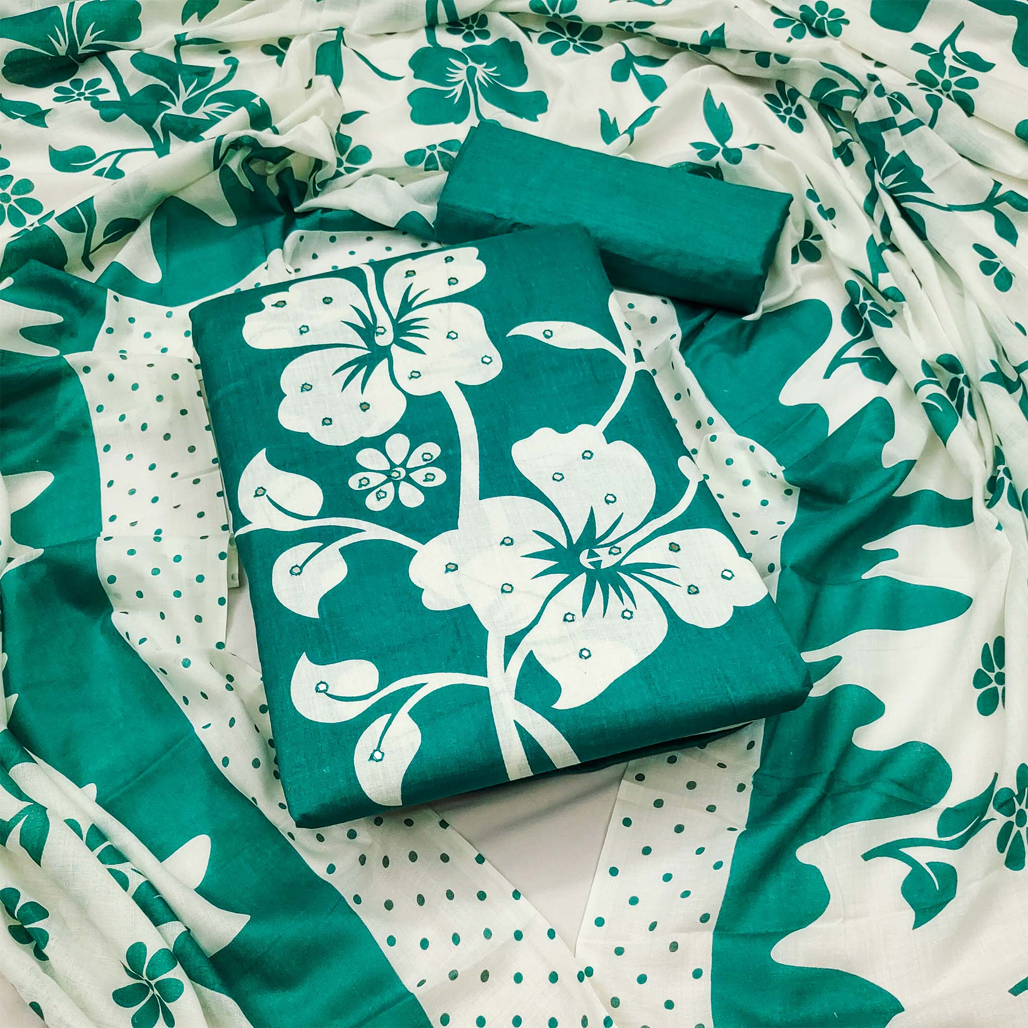 Rama Green Floral Printed Pure Cotton Dress Material