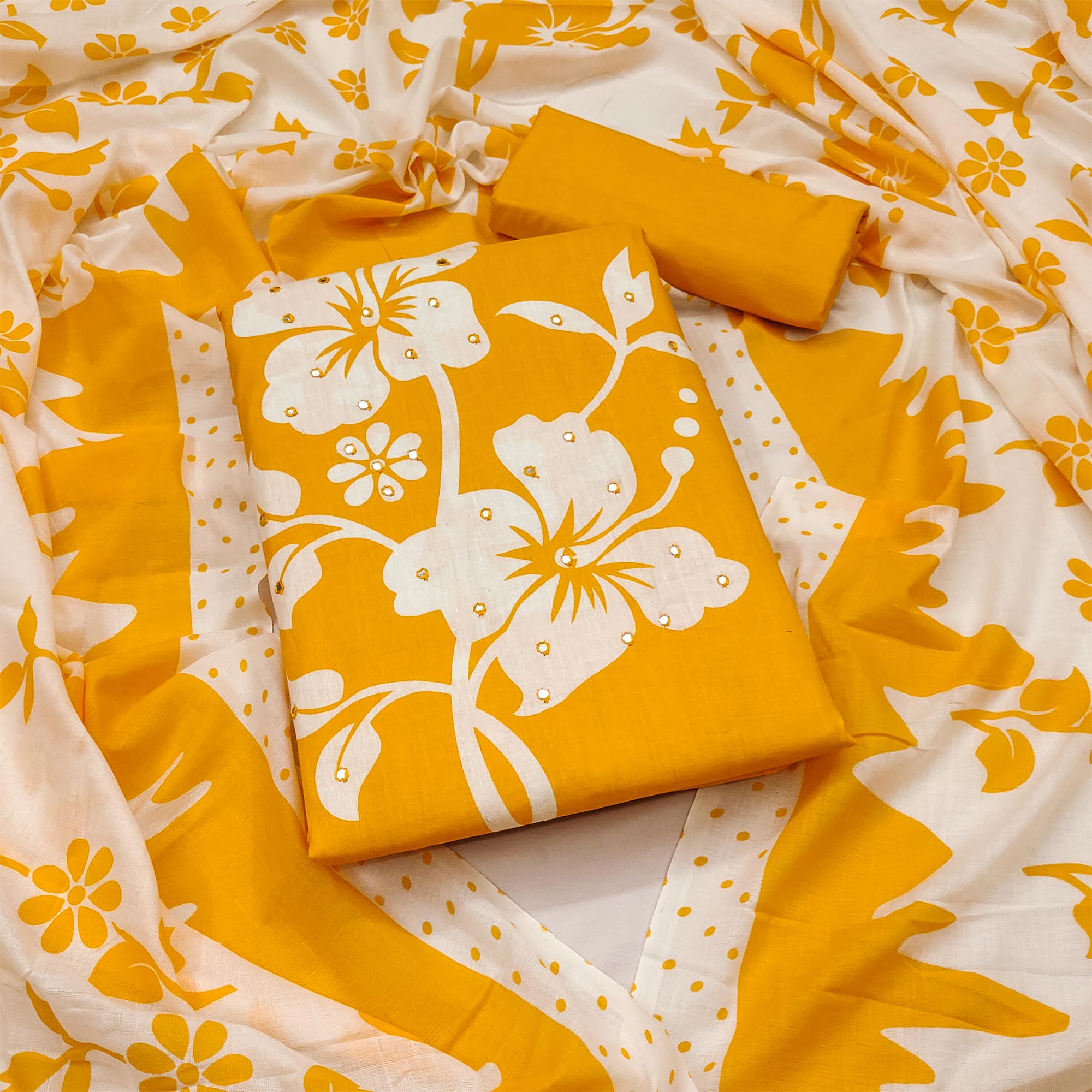 Yellow Floral Printed Pure Cotton Dress Material