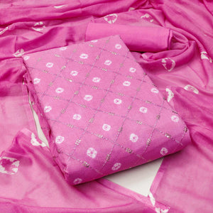 Pink Bandhani Printed With Embroidered Pure Cotton Dress Material