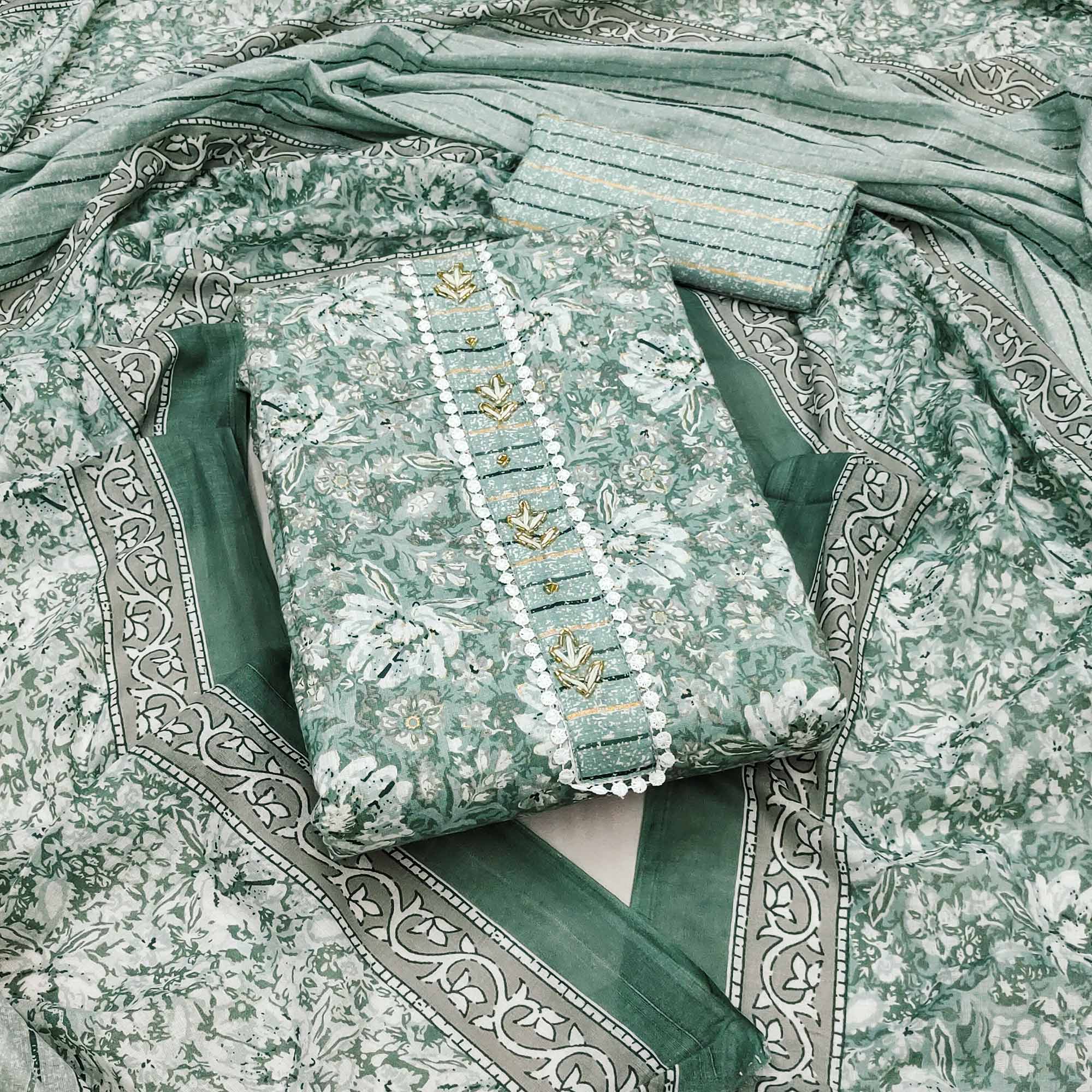 Sage Green Floral Printed Pure Cotton Dress Material