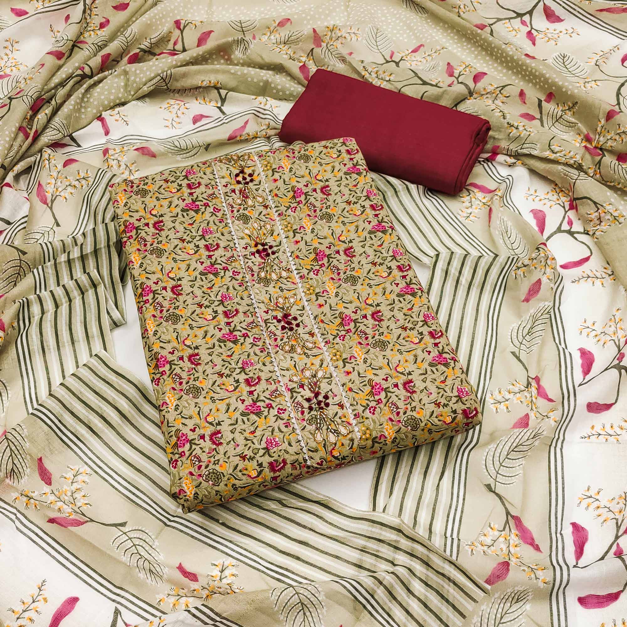 Light Green Floral Printed With Handwork Pure Cotton Dress Material