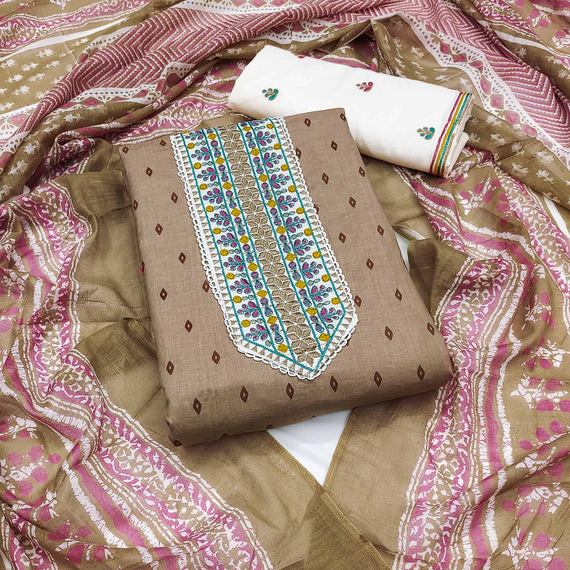 Beige Bandhani Printed With Embroidery Pure Cotton Dress Material